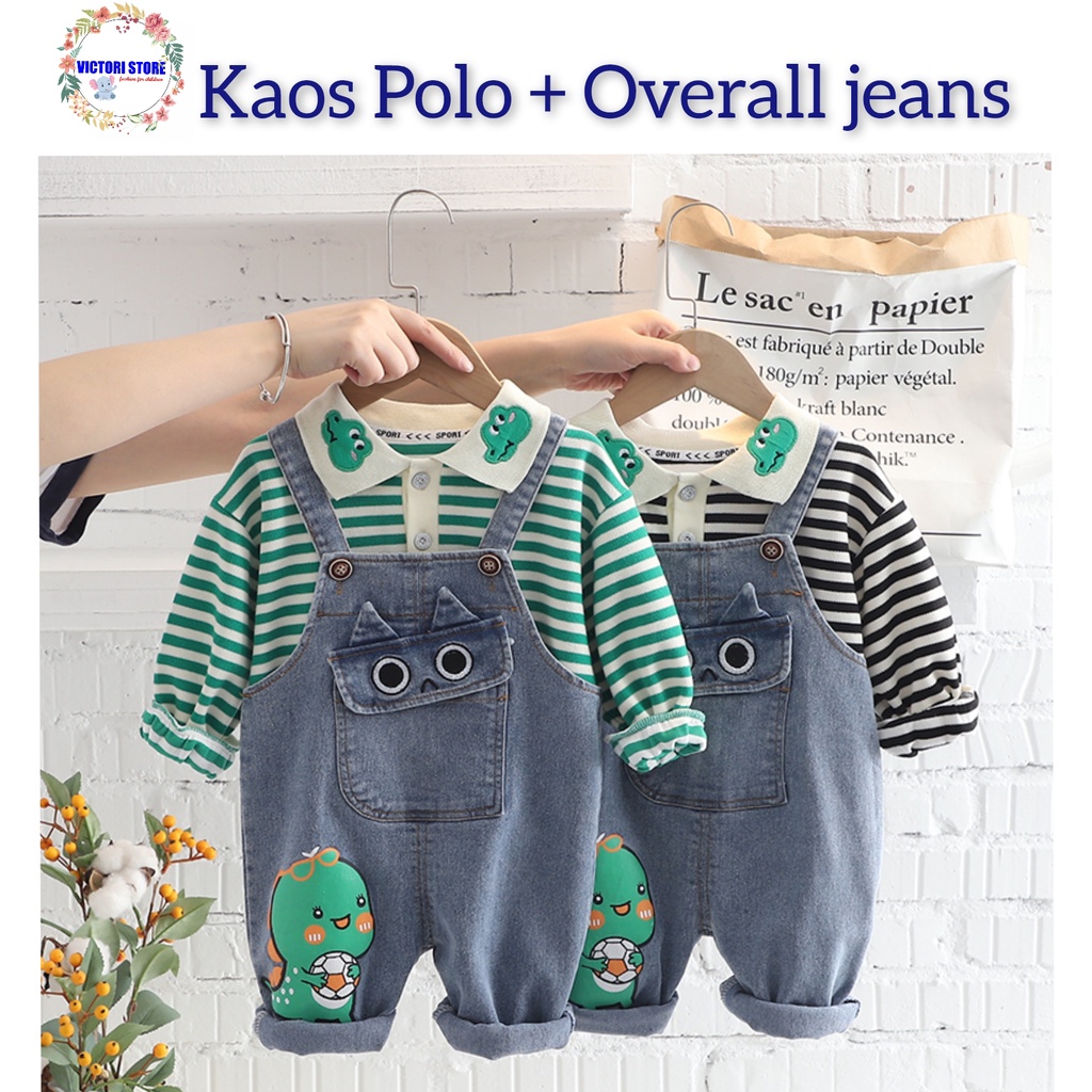 Overall Set BILLIE 2in1 Baju Jumpsuit Jeans dan Kaos Polo Lengan Panjang Anak Laki Laki 2 - 6 tahun Import