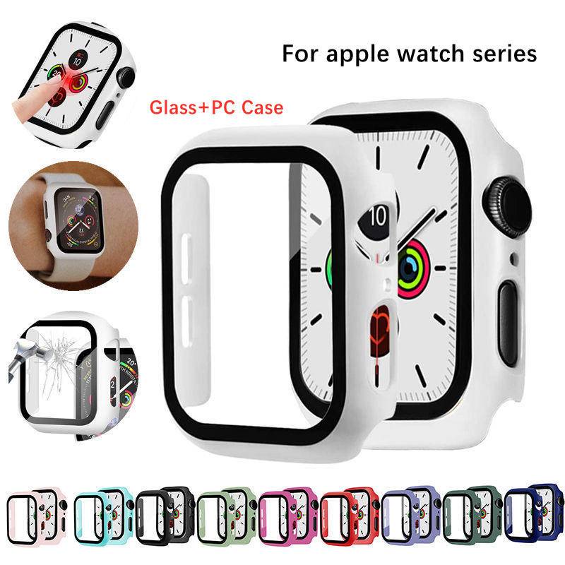 Pelindung Layar Tempered Glass + Frame Bumper Untuk Apple Watch Seri 8 7 6 5 4 3 2 1 SE SE2 45mm 41mm 44mm 42mm 38mm 40mm