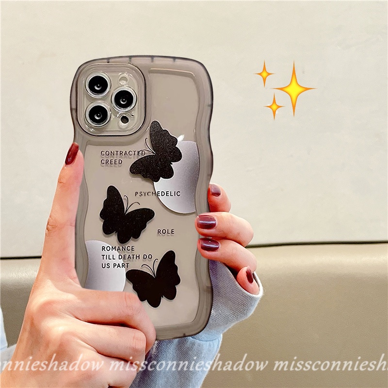 Casing Tahan Guncangan Untuk Samsung A04s A14 A04 A04E A03s A03 A13 A12 A23 A32 A50s A22 A52s A50 A53 A33 A02s A30s A21s A20 A51 A52 A31 A11 Tiga Hitam Kupu-Kupu Tepi Bergelombang Lembut TPU Cover