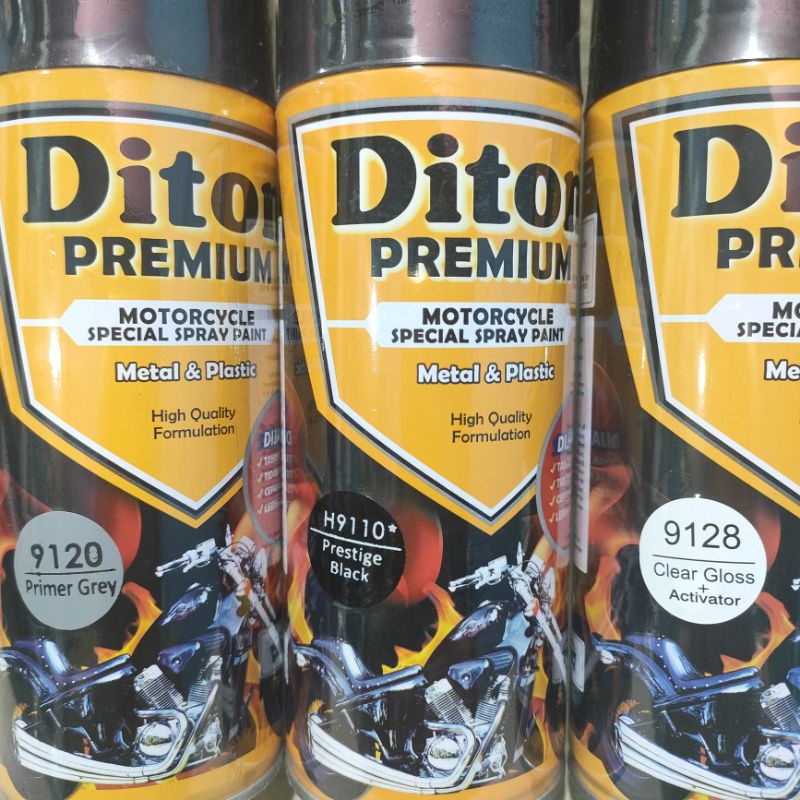 Pilok Cat Diton Premium Paket Lengkap 3 Kaleng Prestige Black 9110 Hitam Primer Grey 9120 Clear Gloss 9128 400cc Pilok Paketan Cat Semprot Special Spray Paint