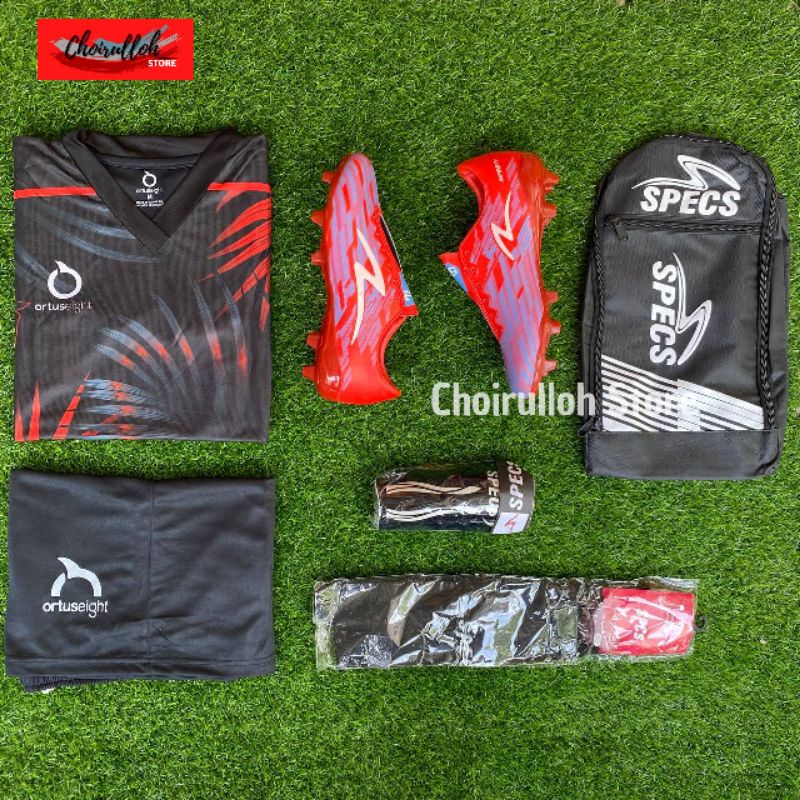 SEPATU SEPAK BOLA DEWASA SPECS INFINITY MERAH MOTIF PAKET KOMPLIT