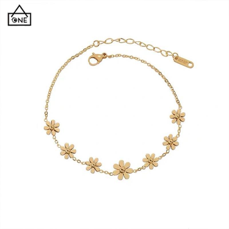 COD❤️Gelang Kaki Titanium Anti Karat Daisy Bunga Kamelia Emas 18k Perhiasan Wanita Korea-A.one