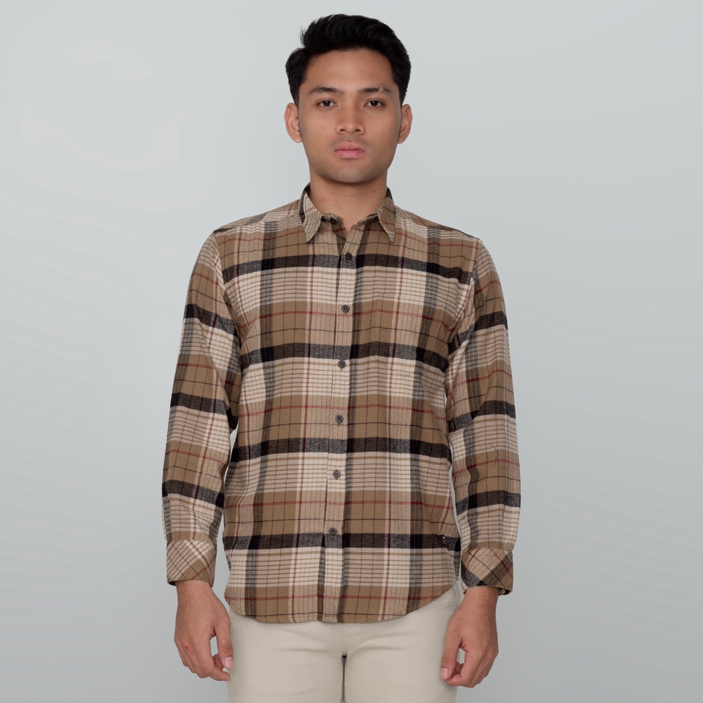 Kemeja Flannel Pria / Benhill Kemeja Pria Flannel Lengan Panjang Kotak Cream 25285-11533