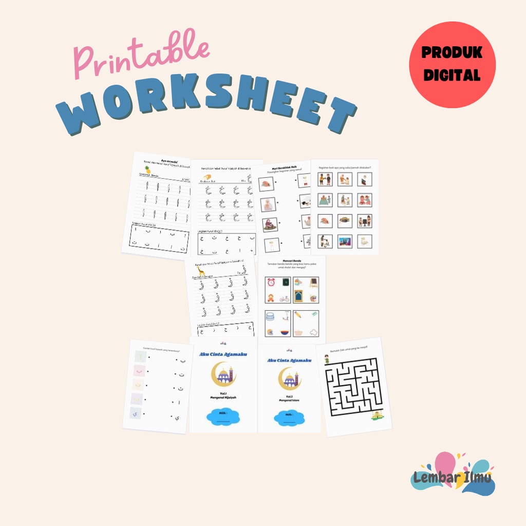 Printable Worksheet Anak Muslim Islam Huruf Hijaiyah Preschool/PAUD/TK (Digital File/PDF)