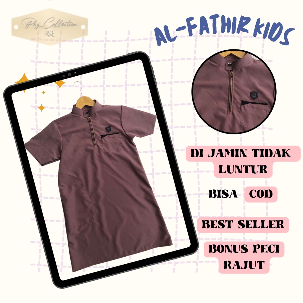 [AL-FATHIR KIDS] Gamis Jubah  Polos  Anak Laki Laki Lengan Pendek Gamis Ziper  Jubah Koko Anak Usia 3-12thn