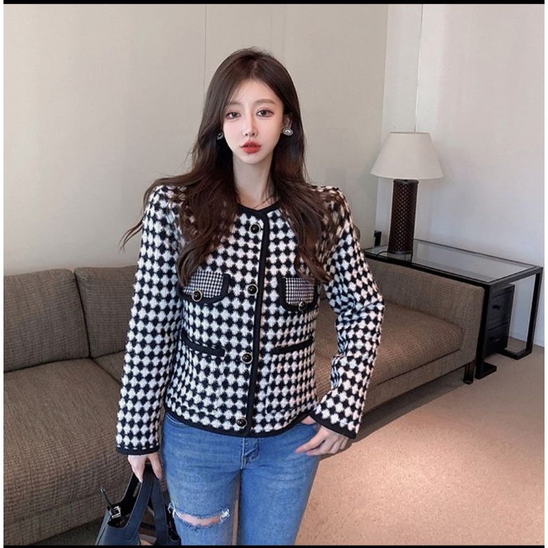 VN VICTORIA FUR CARDIGAN HOUNDSTOOTH KOREAN WINTER