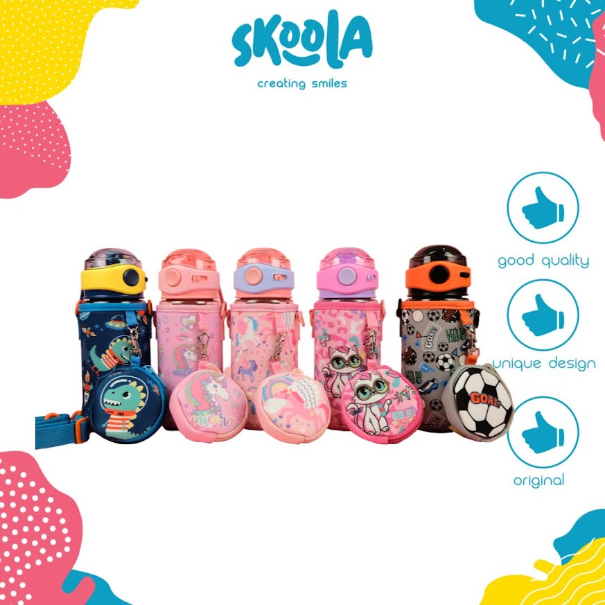 Skoola Botol Tempat Air Minum 500 ml dan Tas Anak Perempuan Laki - Laki Unicorn Cat Dino Bola - Wabo Spritz