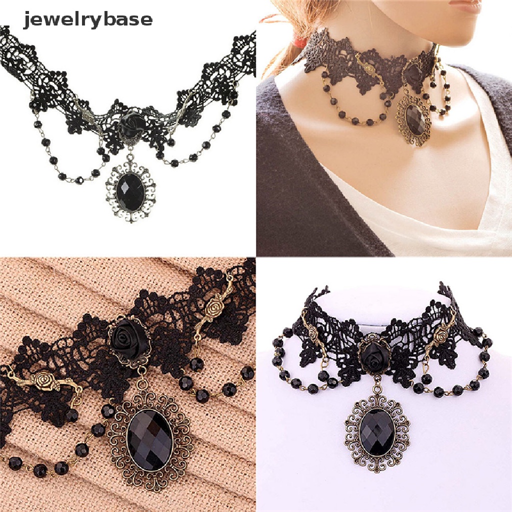 Kalung Choker Rantai Manik-Manik Renda Bunga Mawar Hitam Gaya Gothic Lolita