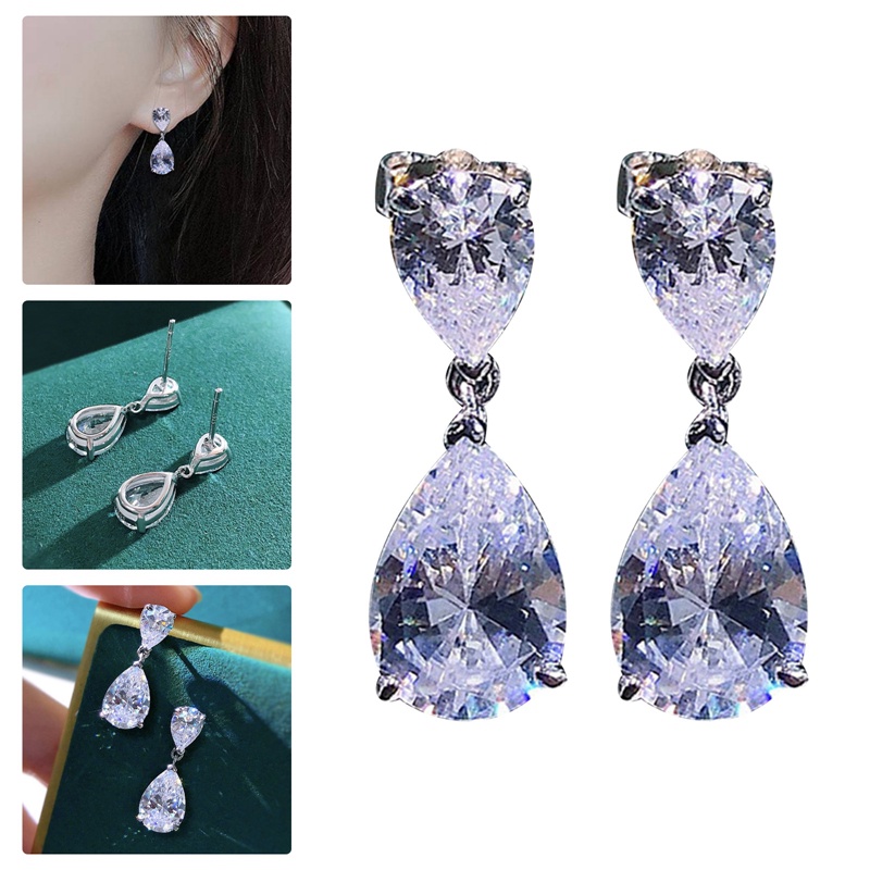 Fancyqube Anting Juntai Bentuk Water Drop Cubic Zirconia Kristal Warna Silver Untuk Wanita