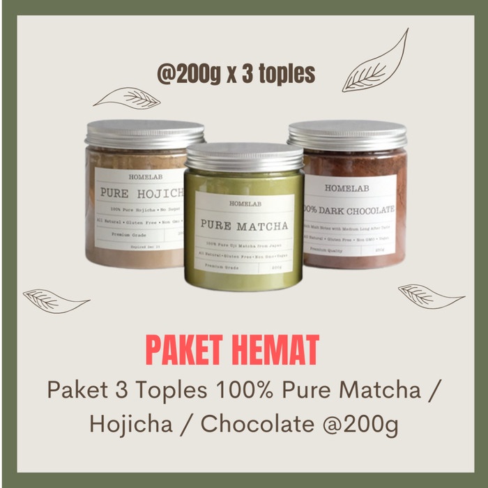 

PAKET 200G - 100% PURE UJI MATCHA, PURE HOJICHA & 100% DARK CHOCOLATE
