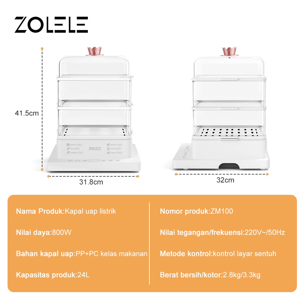 ZOLELE Electric Food Steamer Kukusan 24L 3-Layer Panci Listrik Serbaguna Besar 3 IN 1 Pengukus Masakan Cooker Pot Tempat Penghangat Anti Kotor Penyimpanan Makanan Dapur Rak Susun Portable Kitchen ZM100