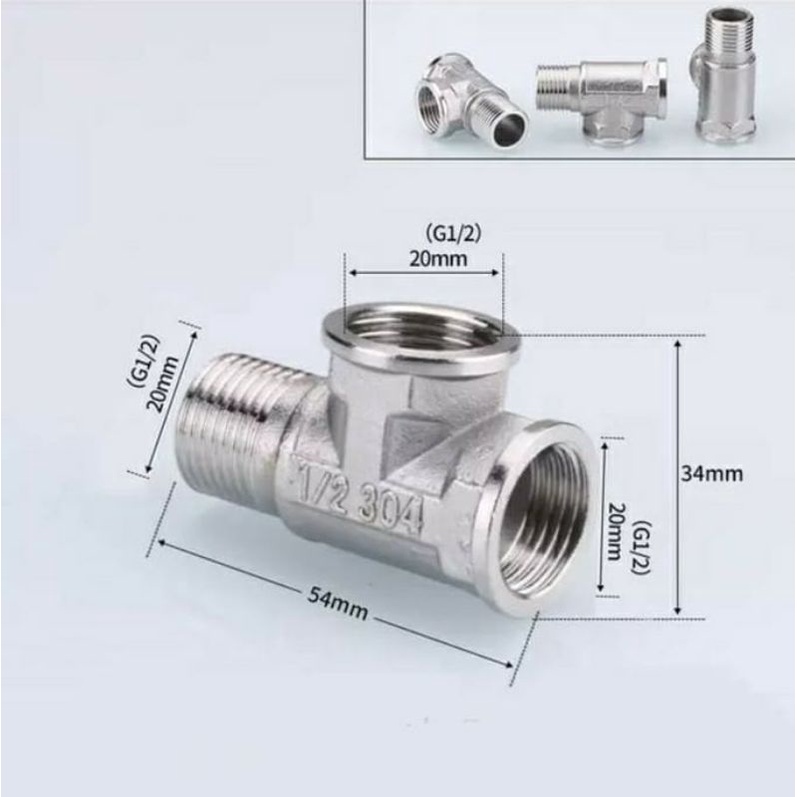 Nepel Tee shower drat luar dalam stainless 304 ukuran 1/2 inch / T shower sambungan pipa air