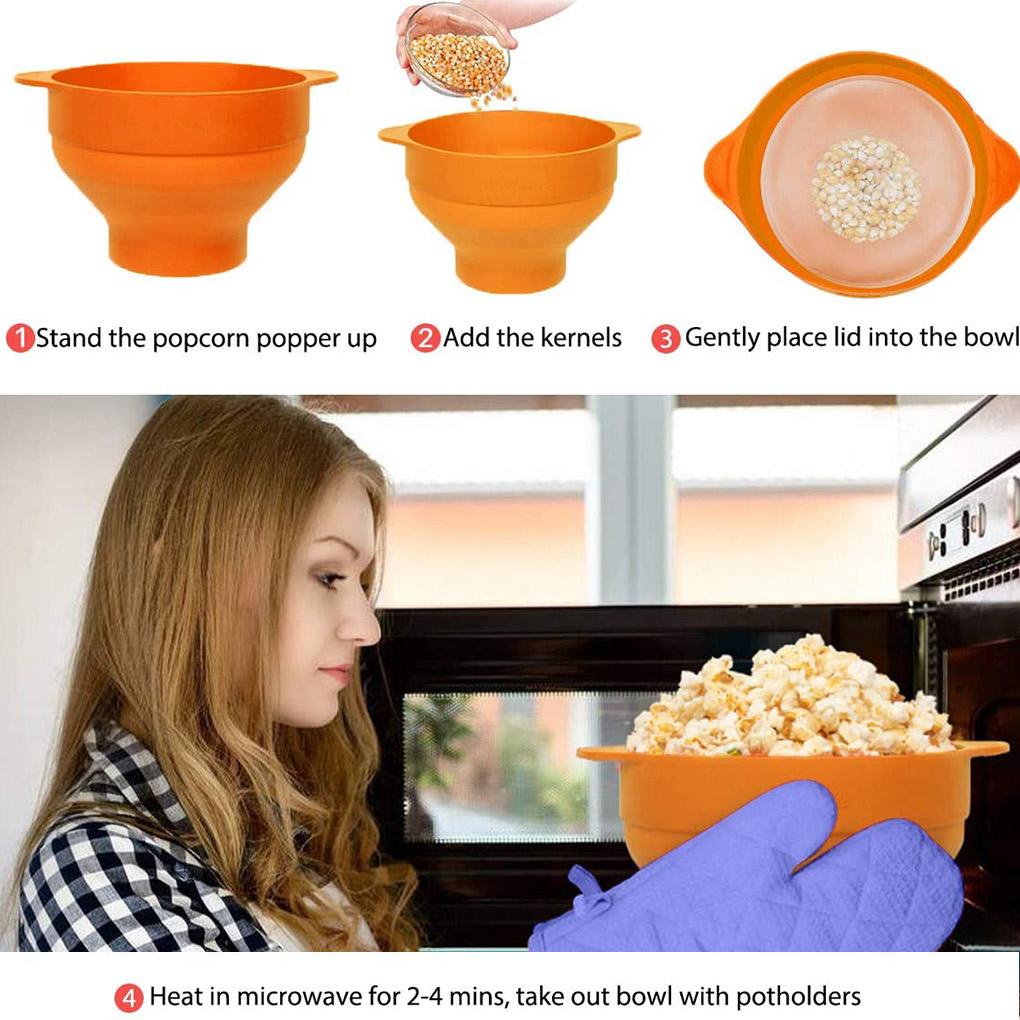 Ember Popcorn Dengan Tutup Pegangan Silicone Bowl Gelas Tahan Lipat Microwave