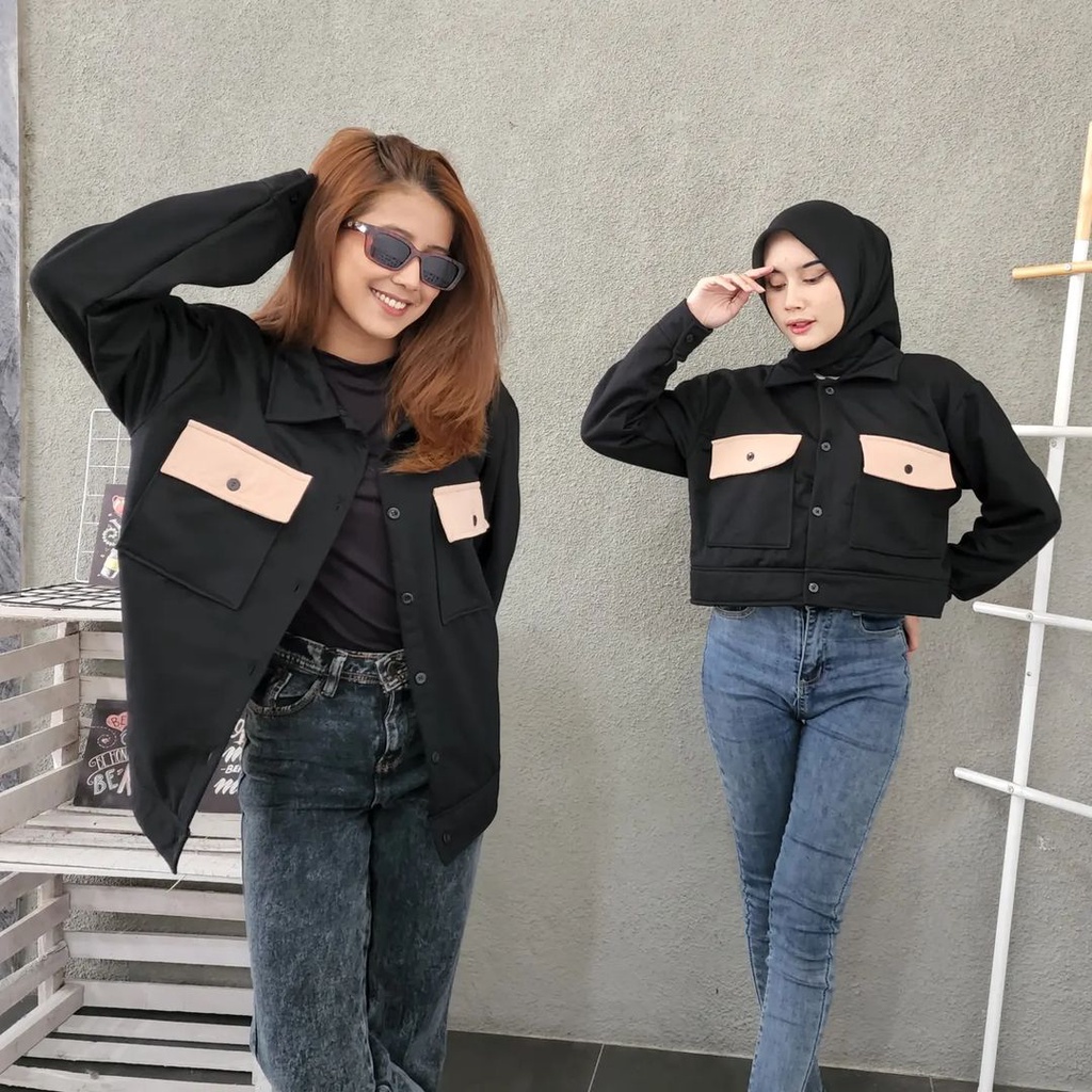 ASHTON COUPLE OVERSIZE DAN CROP JACKET | JACKET WANITA MODEL SAKU KANCING - Jacket Pocket Berkancing Pria Wanita Sweater Oversize | Switer Model Cardigan Fashion Terkini Elegan Dan Casual