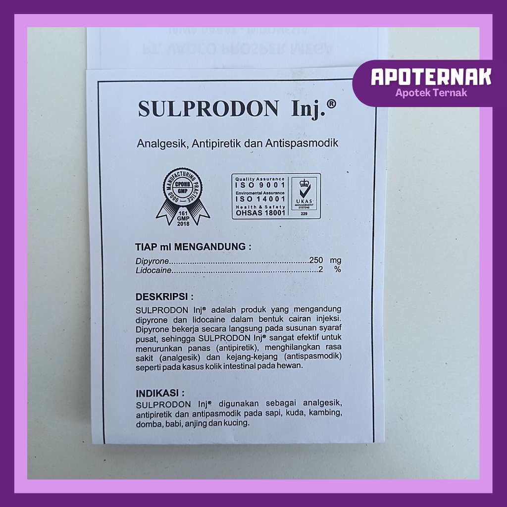 SULPRODON Injeksi 50 mL | Obat Pereda Sakit Hewan Analgesik Antipiretik Antispasmodik | Seperti Sulpidon Sanbe, Analdon | VADCO | Apoternak