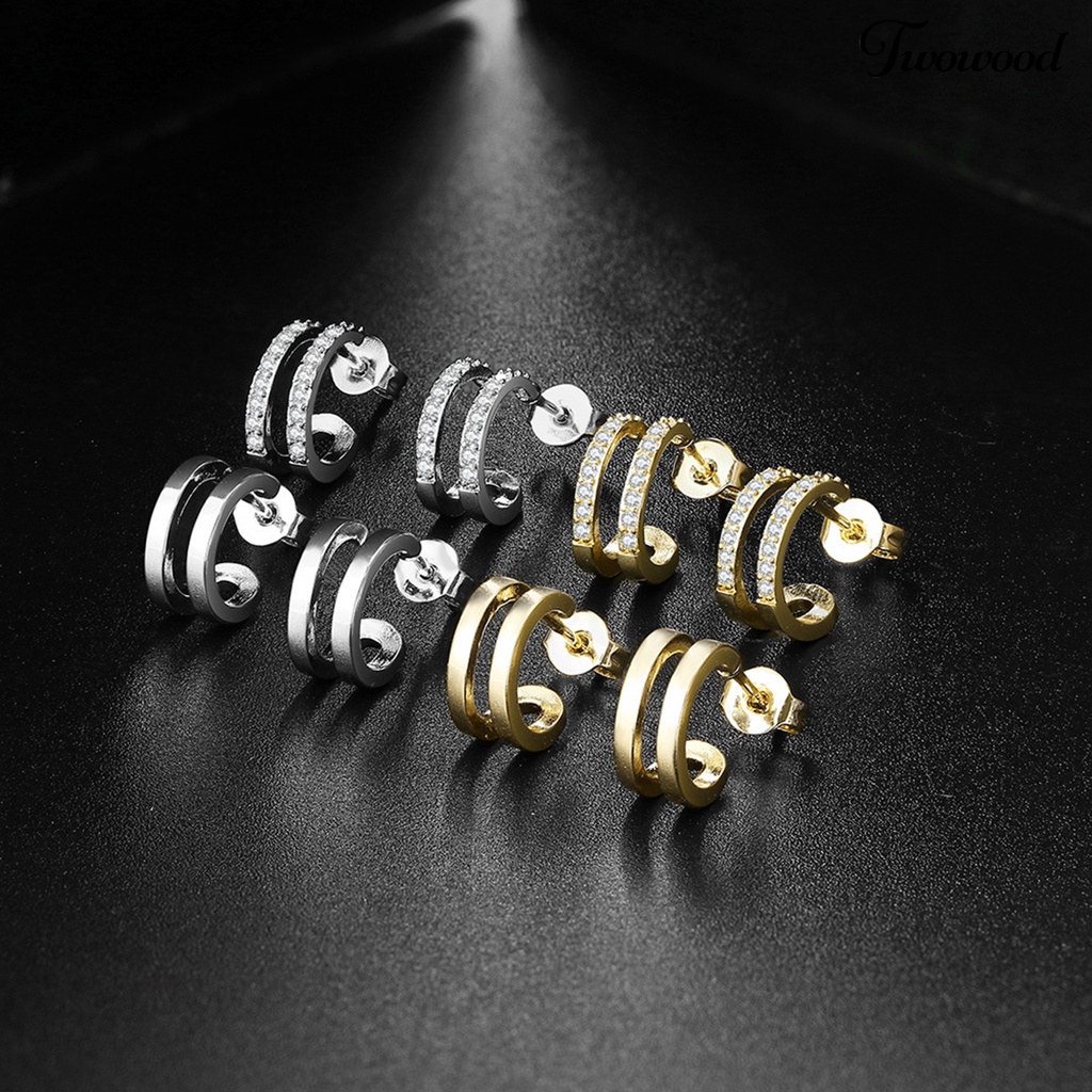 2pcs Anting Stud Berlian Imitasi Lapisan Ganda Untuk Wanita