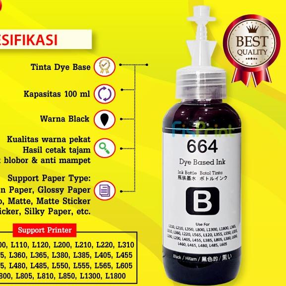 Tinta 664 Premium Refill Printer Epson L110 L210 L220 L300 L310 L360 - Hitam, TINTA ORIGINAL