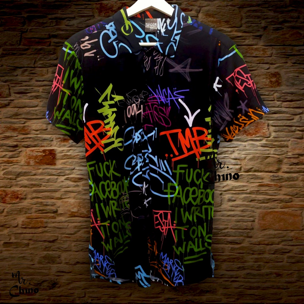 Baju Kemeja Motif Wild Graffitis | Kemeja Pantai Pria & Wanita Kekinian | Kemeja Hawaii Hitam Punk C