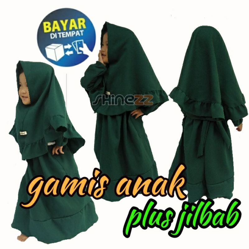 setelan gamis anak plus hijab pakaian muslim anak perempuan baju muslimah anak cewe polos warna hija