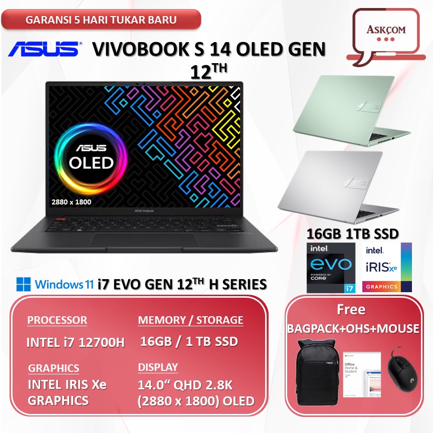 Laptop ASUS VivoBook S14 OLED K3402ZA Evo i7 12700H 16GB 1TB ssd Iris Xe 14.0&quot;2.8K OLED Windows11+OHS 21