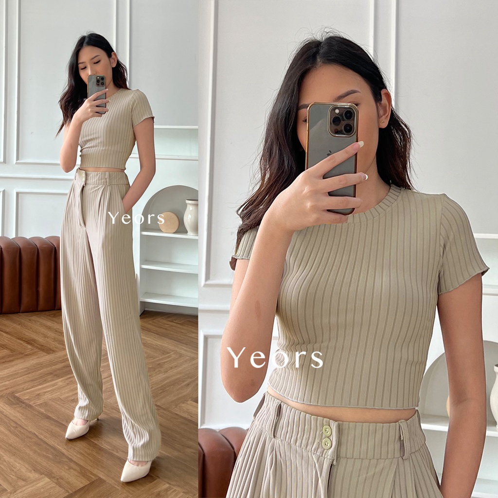 Yeors - Rib Knit Luna Set Crop Top and Premium Rib Knit Pants  - Baju Atasan dan Celana Wanita Murah Berkualitas - Korean Loose Pants Trousers - Loungewear - Setelan Baju Wanita - Women Top Knitwear - Knit Set