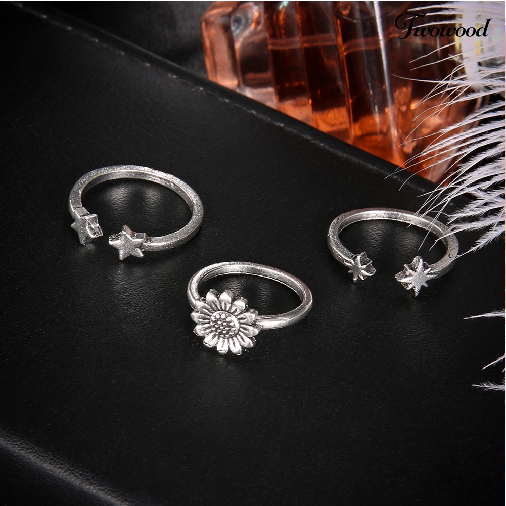 3pcs / Set Cincin Knuckle Midi Model Terbuka Motif Bunga Matahari Bintang Gaya Bohemian Untuk Wanita