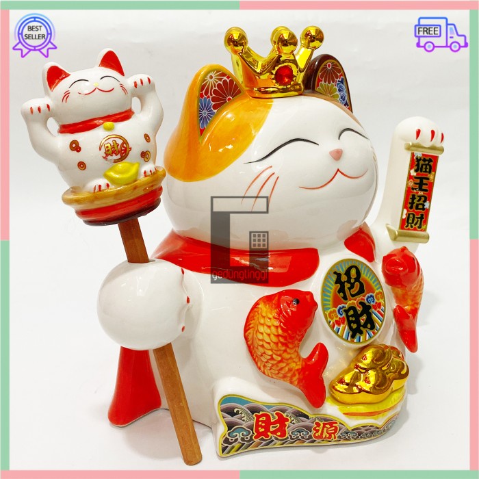 Patung Pajangan Hiasan Boneka Dekorasi Kucing Ikan Mas Emas Koi Koki Bawa Panggil Rejeki Rezeki Hoki Maneki Neko Maneko Neki Lucky Cat Keberuntungan Baterai Batrai Batre Listrik Tangan Goyang Gerak Meja Kasir Toko Cina China Jepang XL Jumbo Besar Keramik