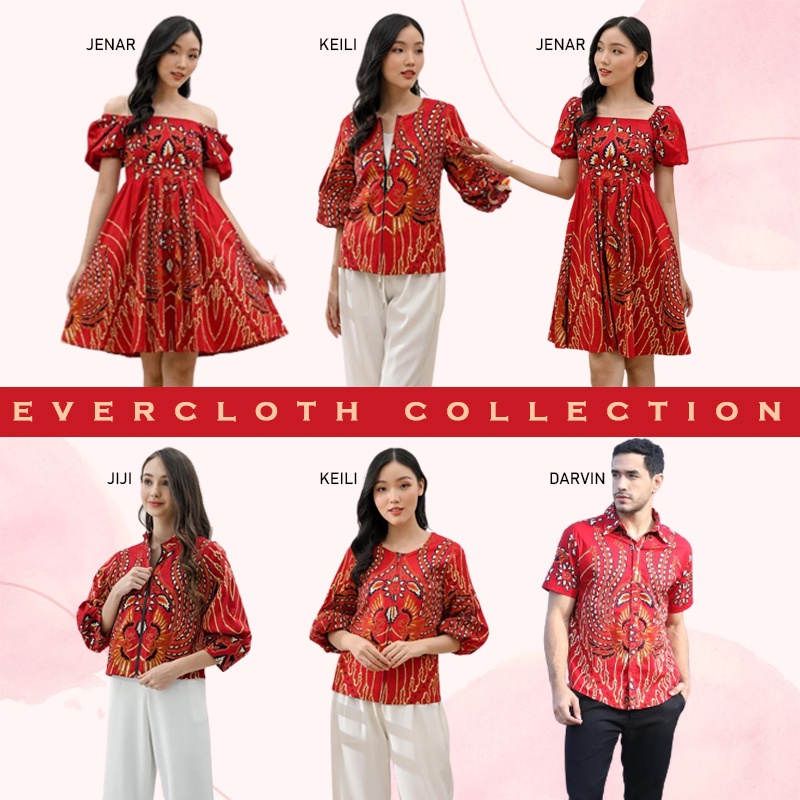 Evercloth Jenar Dress Batik Wanita Sabrina VM Dress Wanita Batik Modern Gaun Pesta Aline Terusan Kebaya Seragam Batik Couple Set Family Sarimbit Merah Red Natal Imlek CNY