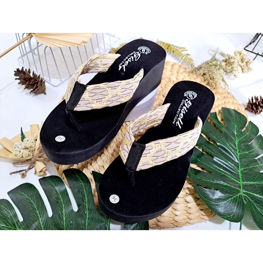 Sandal Wanita Motif Terbaru Wedges Jepit Motif kulit Ular