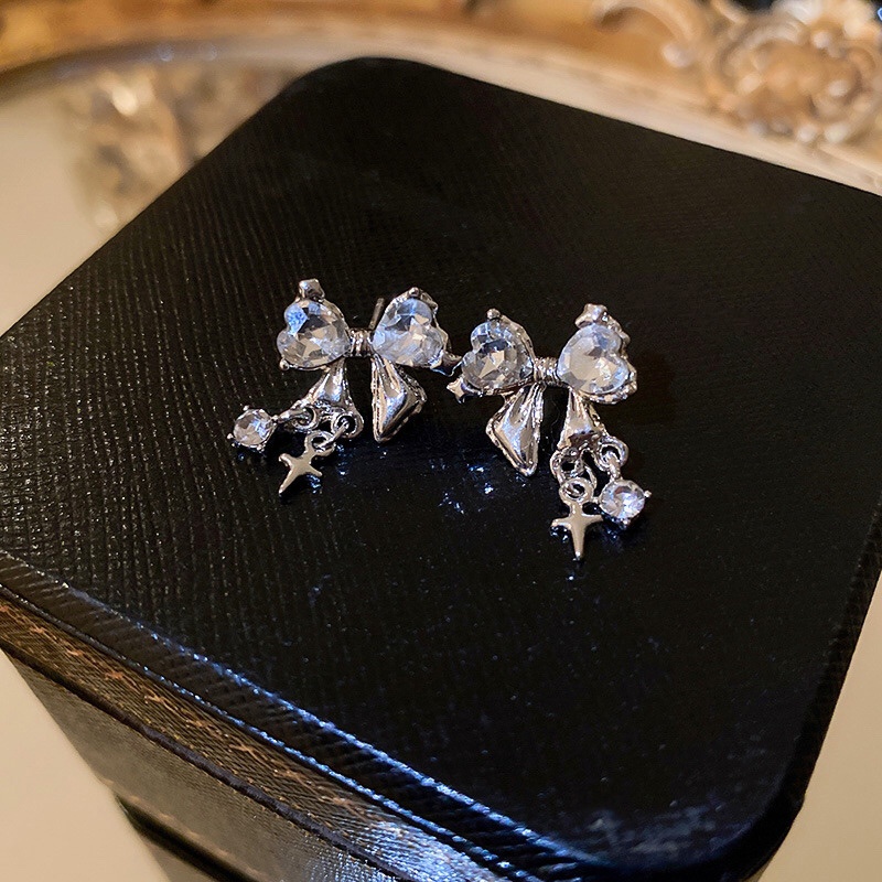 Anting Tusuk Kristal Silver Korea Lucu Bow Earring Untuk Aksesoris Perhiasan Wanita