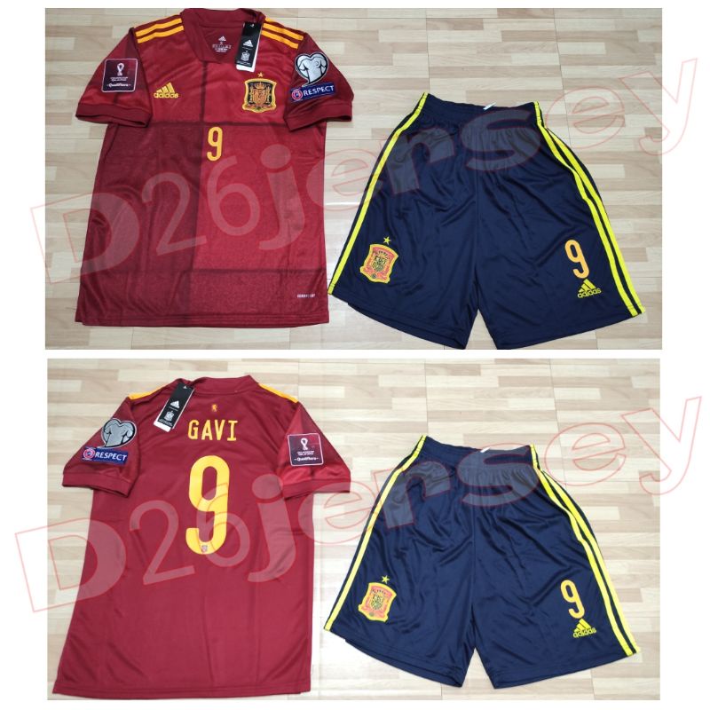 Jersey Spanyol Home + Celana 2021 / 2022 + Cetak nama Nameset + Patch World Cup 2022 Qualification