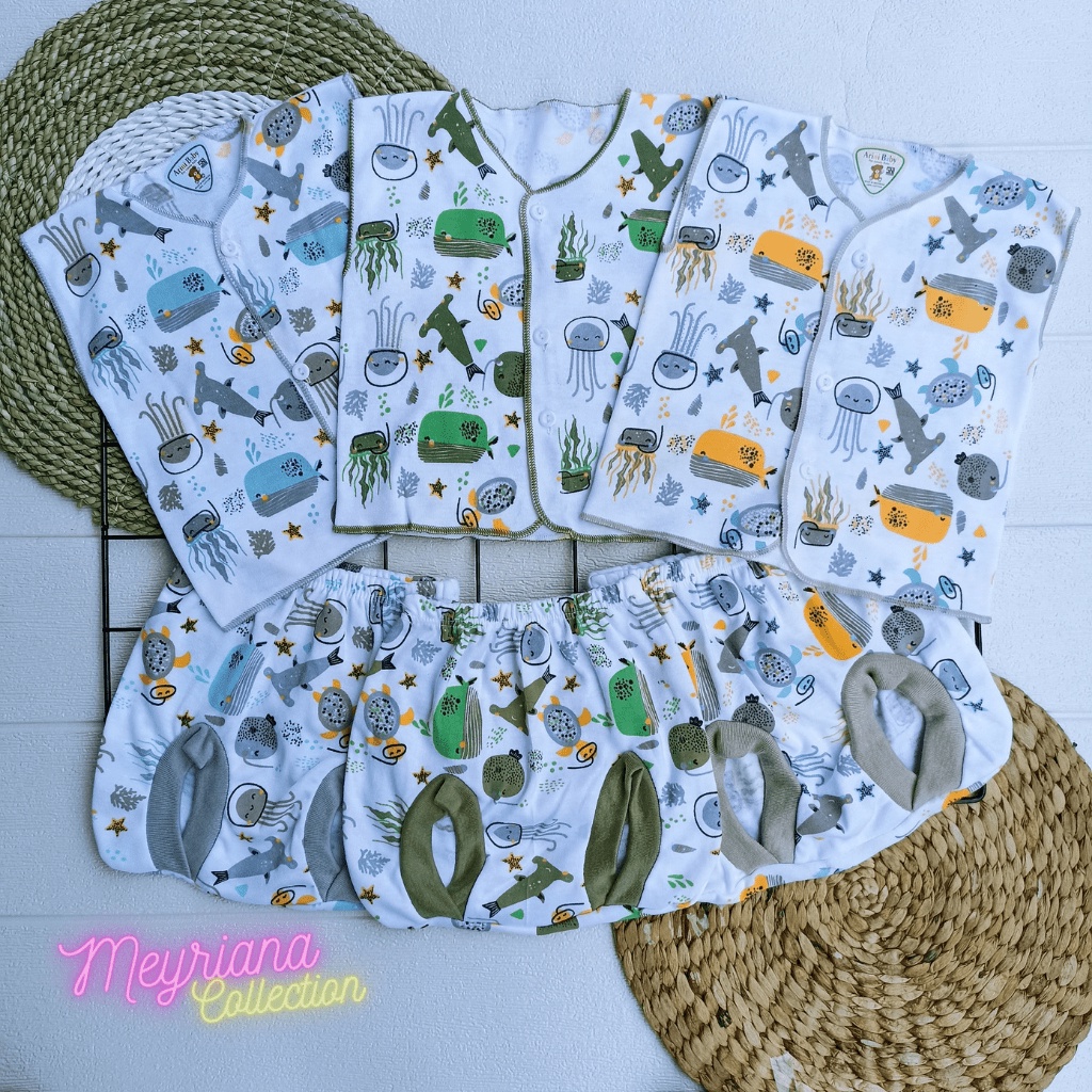 Promo - 6 PCS Baju Lengan Kutung + Celana Pop Bayi Baru Lahir Baju Setel Warna Motif Seri Ocean Meyriana Collection