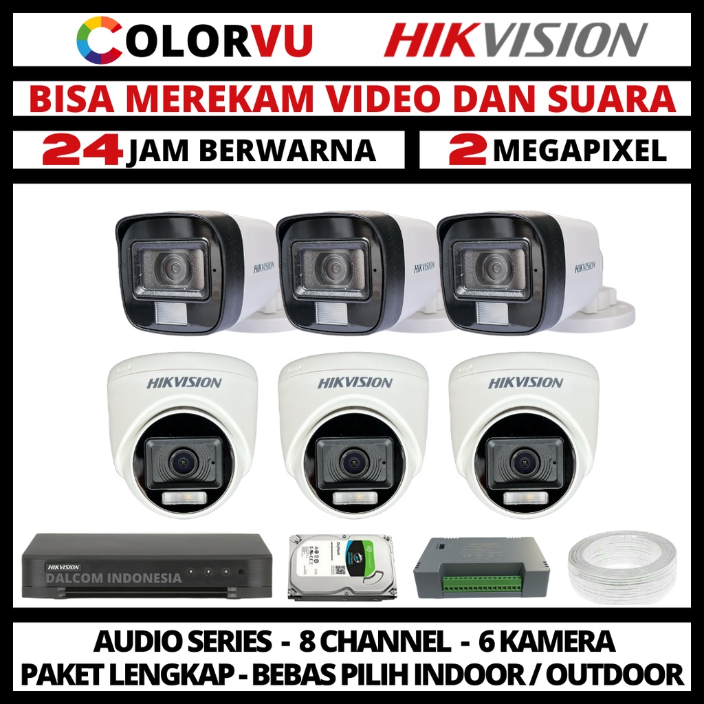 PAKET CCTV HIKVISION COLORVU 2MP 8 CHANNEL 6 KAMERA COLORFUL