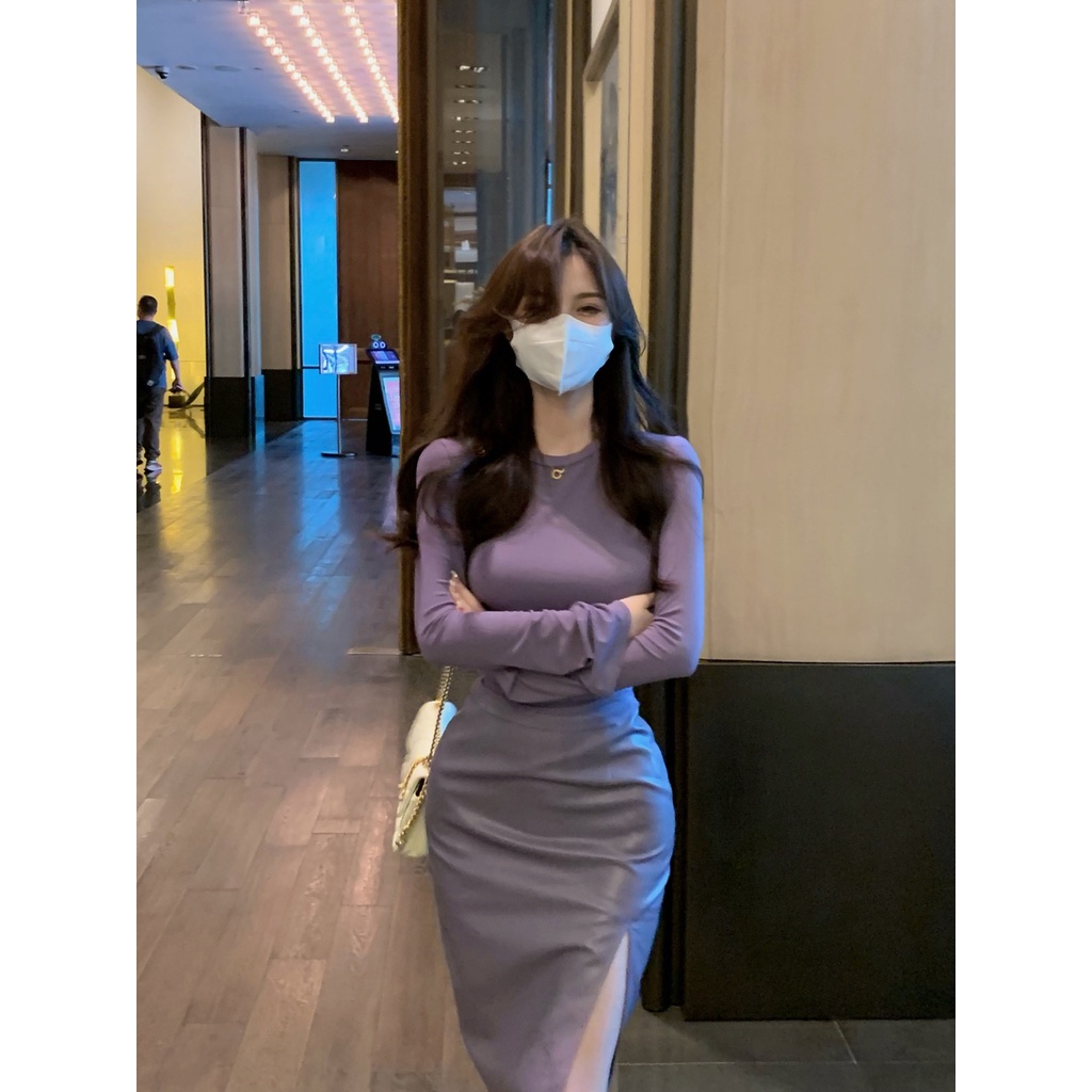 Suhao hot girl setelan musim gugur keinginan murni angin ketat T-shirt dengan bottoming top terlihat tipis tinggi pinggang rok celah rok kulit