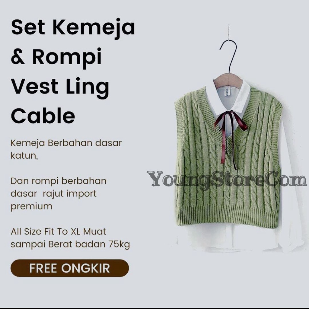 PROMO Set Rompi Vest Cable Rajut Dewasa Dan Kemeja Putih Wanita Dewasa dan Remaja