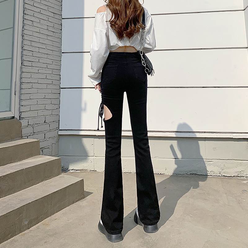 Suhao Rasa Desain Bertali Celana Jeans Robek Wanita Musim Panas 2022 Baru Pinggang Tinggi Pelangsing Kaki Lebar Wanita Mikro Berkobar Horseshoe celana