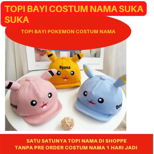 Nama Custom Topi pikachu Inisial Nama lucu Topi pokemon anak bayi 3 bulan- 2,5 tahun