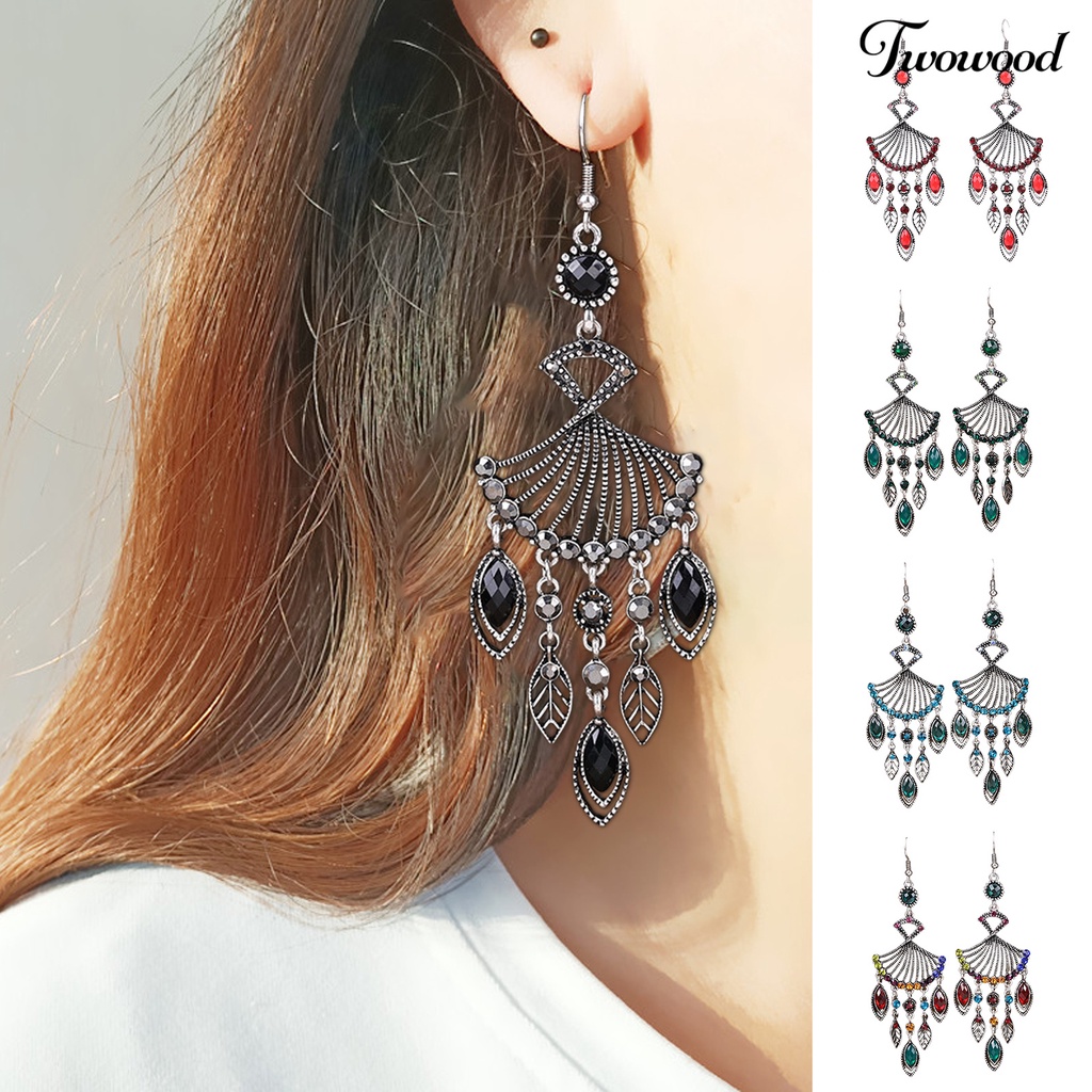 1 Pasang Anting Juntai Panjang Bentuk Kipas Hollow Aksen Kristal Tiruan Gaya Bohemian Retro Etnik Untuk Wanita