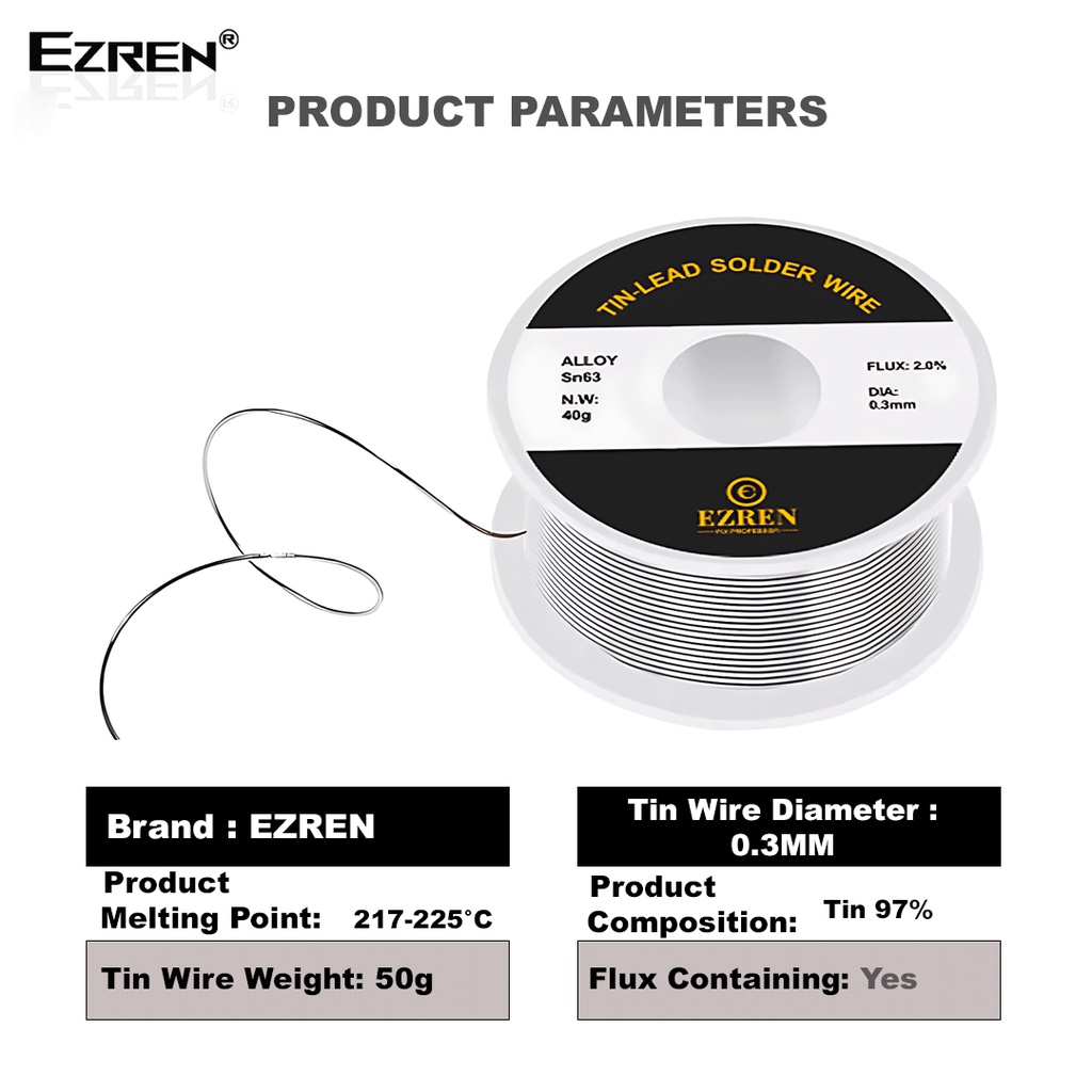 Ezren Timah Gulung Solder Kawat Las Rosin Core Tin Flux 2.0% 0.3mm