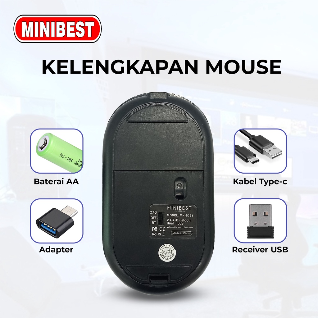 [MB] MN-B398 Pink Mouse Wireless Bluetooth 1600DPI dengan Receiver USB untuk PC Laptop