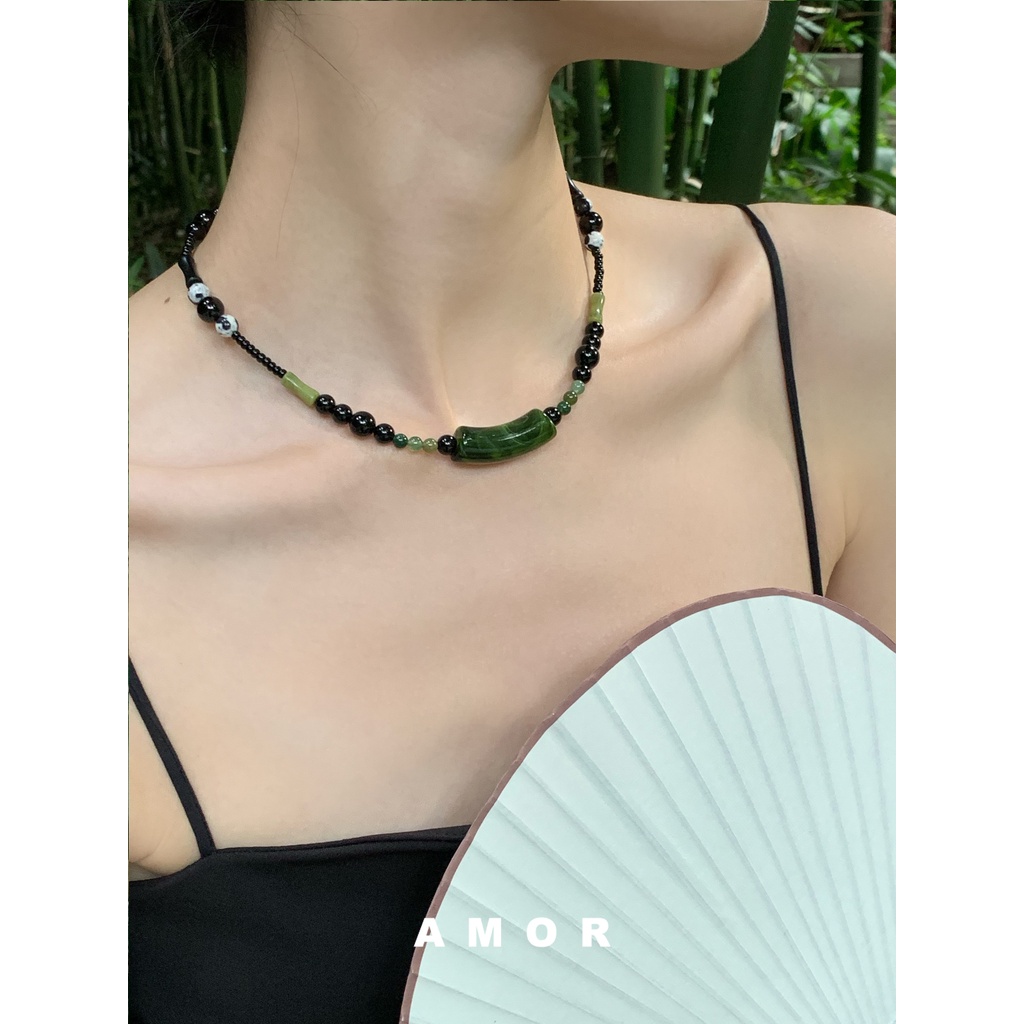 Kalung Rantai Manik-Manik Batu Agate Hitam Natural Antik Ala Cina Untuk Wanita