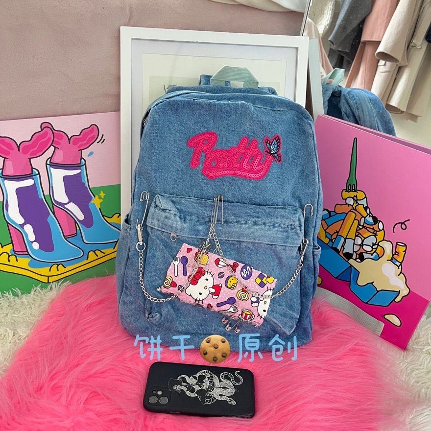 Sera Asli Y2K Cute Hello Kitty Kapasitas Besar Jahitan Denim Bumi Keren In Hot Gadis Single Bahu Ransel Wild High Street