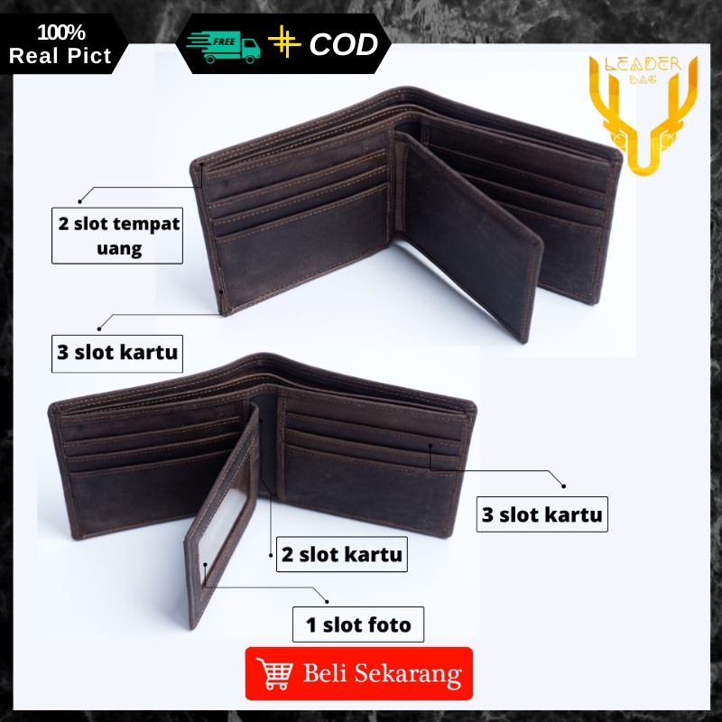 Dompet Pendek Lipat Pria Kulit Sapi Asli Merk Leaderbag Warna Coklat Terbaru Dompet Cowok Keren Branded 100% Original NEPTUNE V2 E04