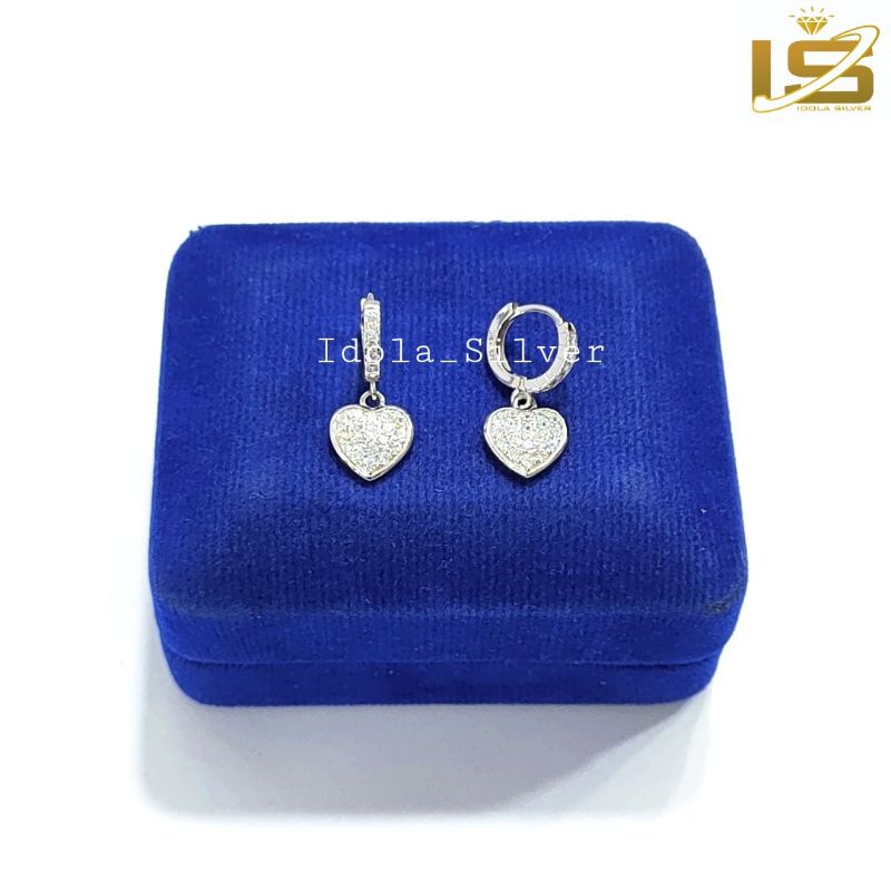 ANTING PERAK ASLI SILVER 925 LAPIS EMAS MODEL JEPIT GANTUNGAN LOVE PERMATA - PERHIASAN PERAK WANITA