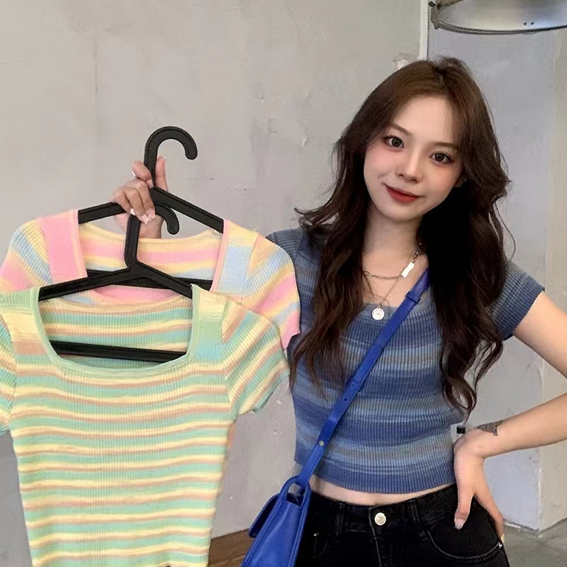 Jual Crop Top Wanita Baju Rajut Model Kaos Import Lengan Pendek Korean