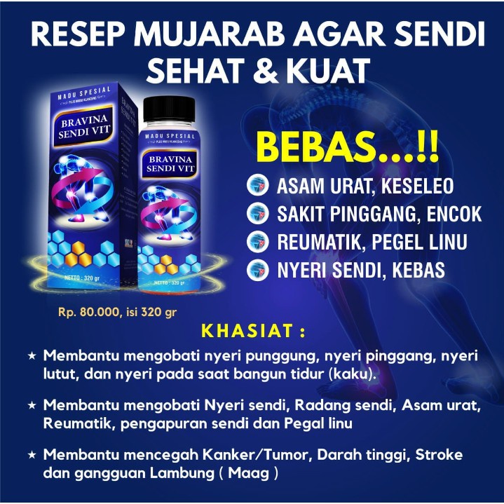 

Bravina Sendi Vit Mengatasi Nyeri Sendi dan Asam Urat 320 Gram