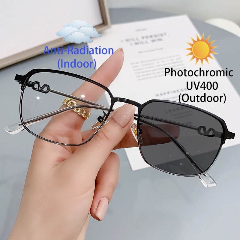 Kacamata Photochromic Anti Radiasi Bentuk Kotak Bahan Metal Untuk Pria / Wanita