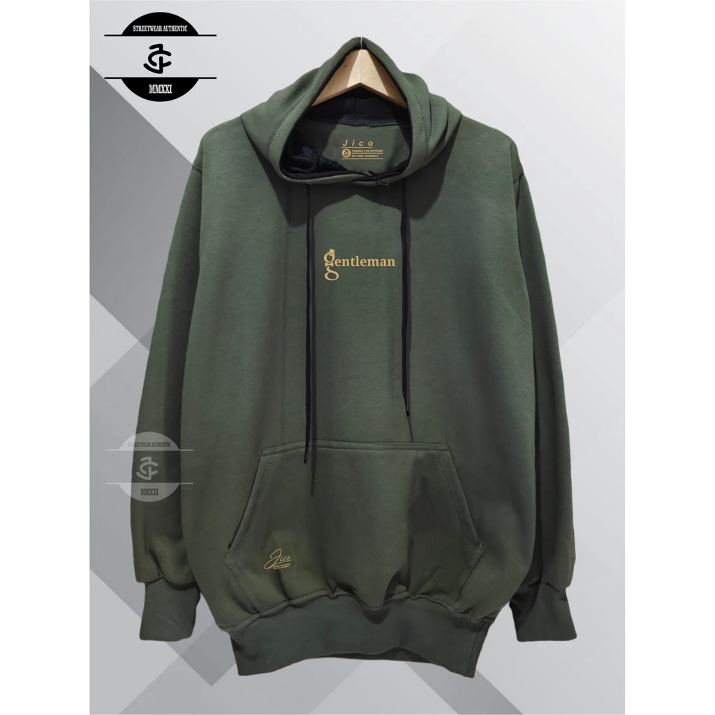 Jaket Aesthetic Premium Unisex Pria dan Wanita Terpopuler 2022 Bahan Katun Fleece Original Distro JICO Lokal Kota Bandung List Gentle Man Warna Hijau Army