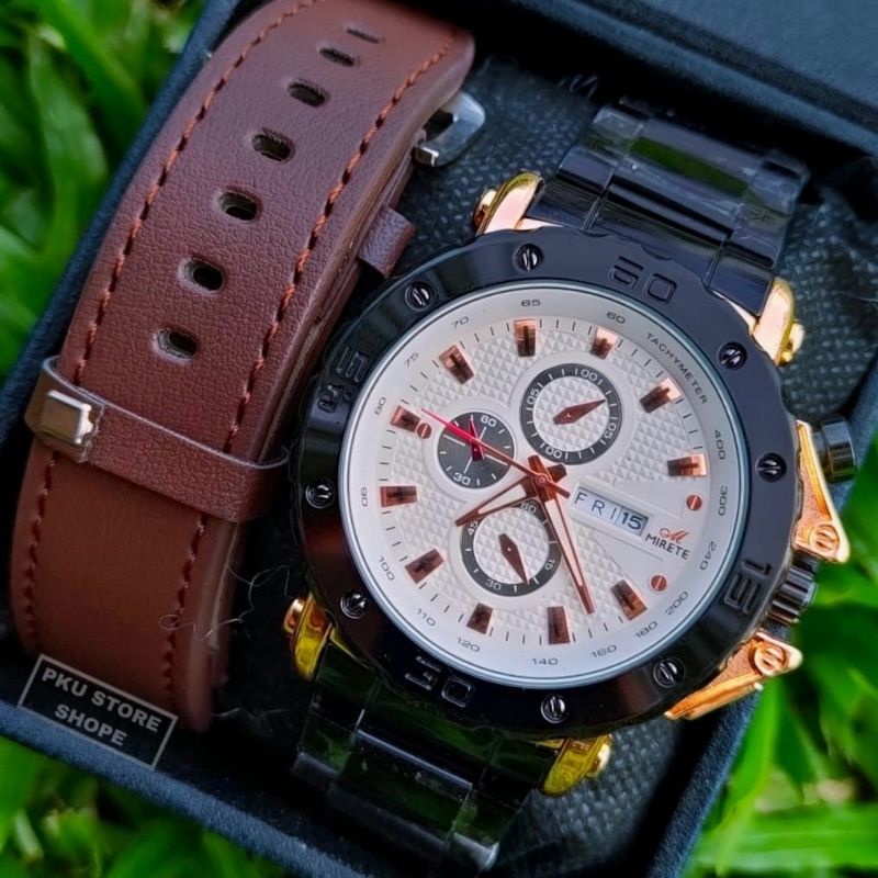 Jam Tangan Pria Mirete Import 2 Tali Quart Analog Sporty Original Tanggal Dan Hari aktif | Strap Rantai Stainlees steel Free Box Bestseller Anti Air Mewah Elegan Water Resistant | Jam Tangan Kasual Pria MIRETE ORIGINAL RANTAI STAINLEES STEEL COD