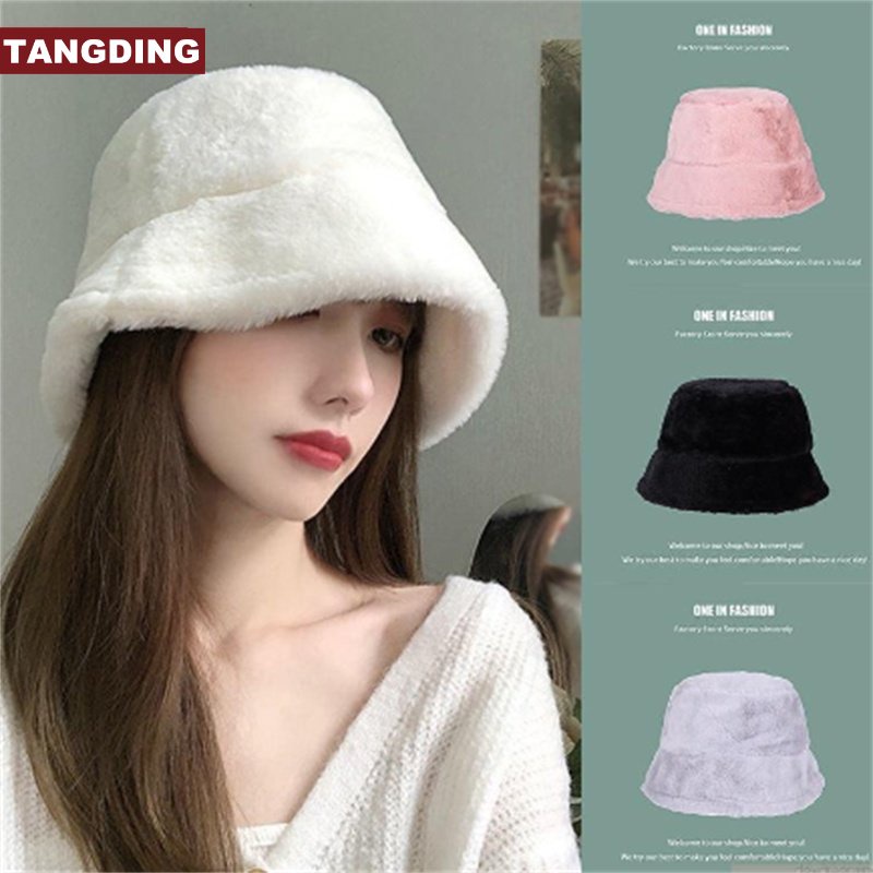 【COD Tangding】Topi Bucket Wanita Bahan Bulu Kelinci Warna Polos Gaya Korea Untuk Musim Dingin